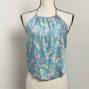 Pink Rose Floral Scarf Top Halter Neck Size L Y2K Boho Fairycore Smocked Back